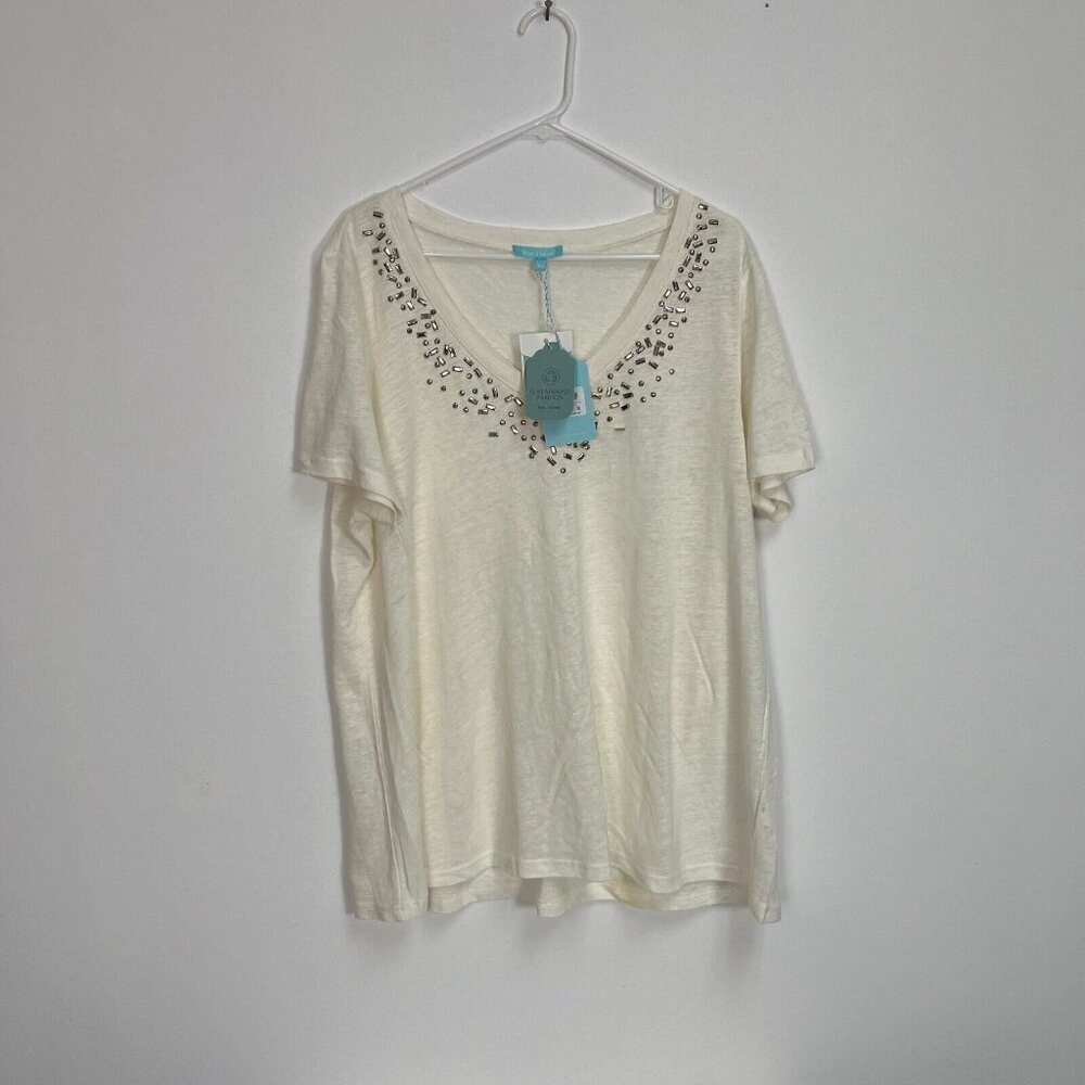 Blue illusion Womens V-Neck Embellished Linen T-Shirt Size 3L White Short Sleeve